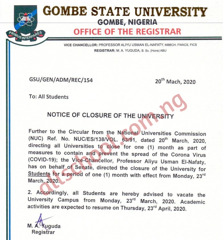 Gsu Calendar 2022 2023 Coronavirus: Gombe State University (Gsu) Shuts Down School