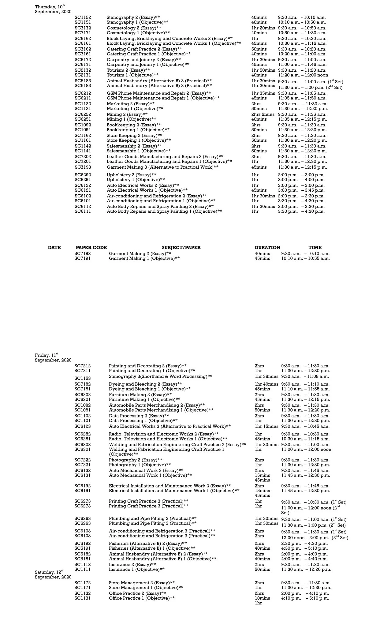 waec timetable 2020