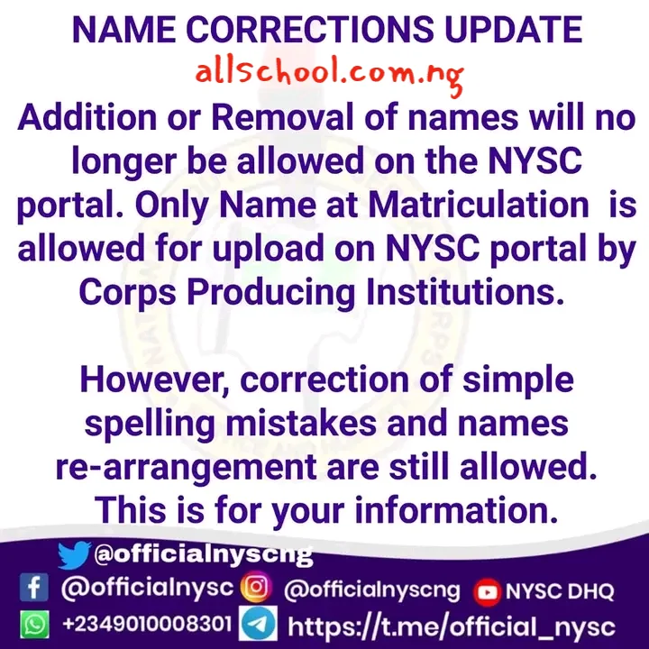 Notice to 2023 NYSC Members on Correction of Names