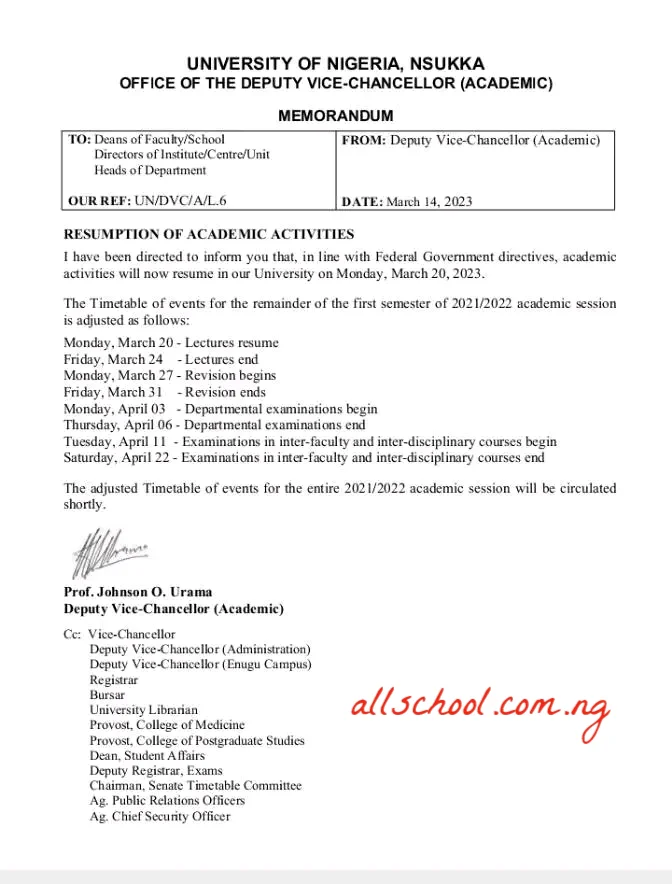 University of Nigeria Nsukka (UNN) Resumption And Examination Date for 2021/2022 Academic Session
